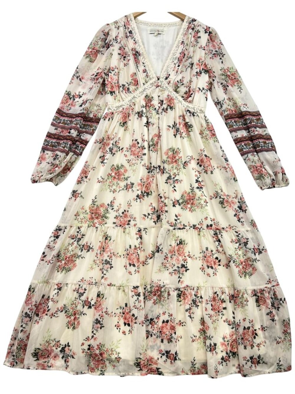 Women's Cottagecore Boho Tiered Midi Dress Long Sleeve Size L Cream Floral